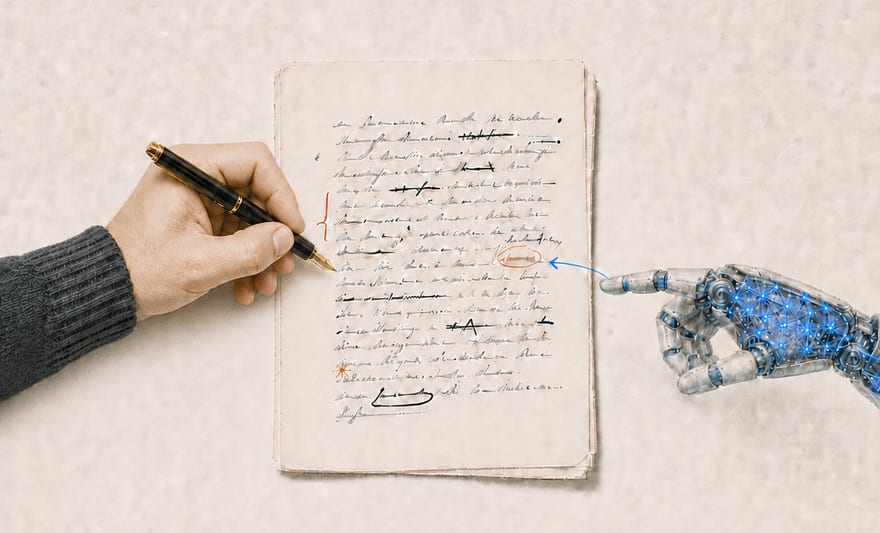 A human hand writing a manuscript with a fountain pen while a robotic hand points at a circled correction